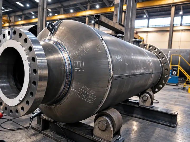 Corpo cilíndrico em aço inox com flanges, apoiado em rolos de soldadura